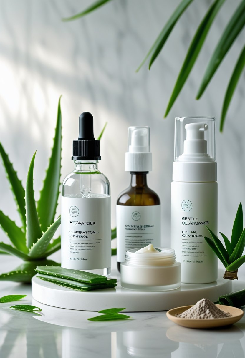 A clean skincare setup with hydrating serum, matte moisturizer, foaming cleanser, and natural ingredients like aloe vera and green tea on a white countertop.